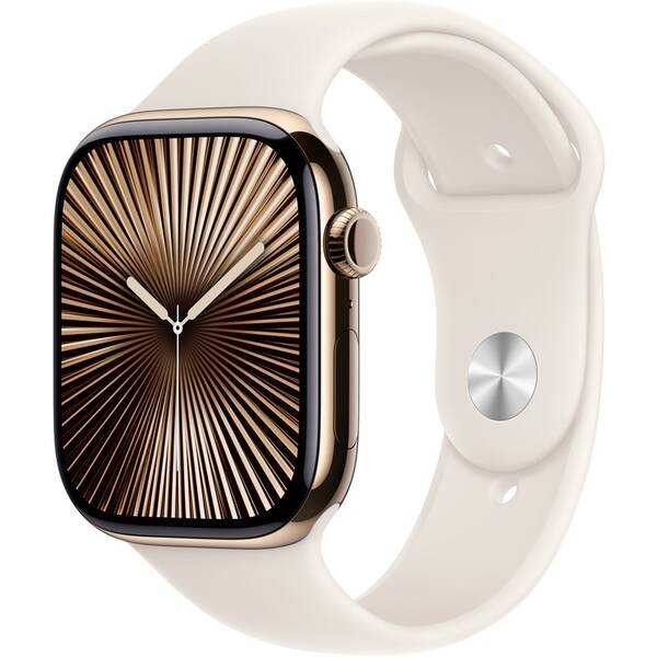 Chytré hodinky Apple GPS + Cellular 46mm pouzdro ze zlatého titanu - hvězdně bílý sportovní řemínek - S/M 

