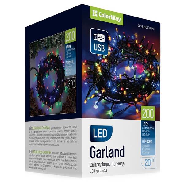 Vánoční osvětlení ColorWay vnitřní, 200 LED, USB, 20m, vícebarevné 

