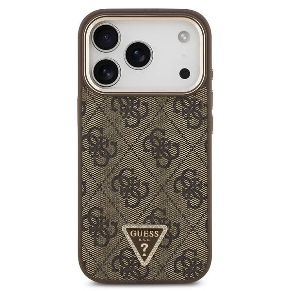Kryt na mobil Guess 4G Strass Triangle Logo Gold Frame MagSafe na Apple iPhone 18 Pro hnědý

