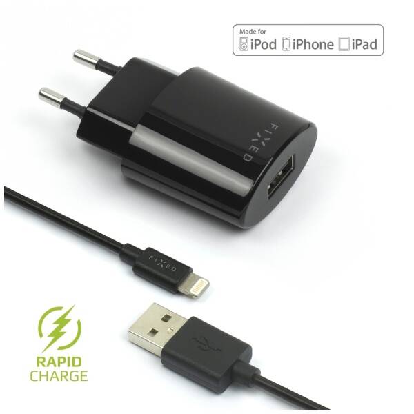 Nabíječka do sítě FIXED 1x USB, 2,4A + Lightning kabel černá

