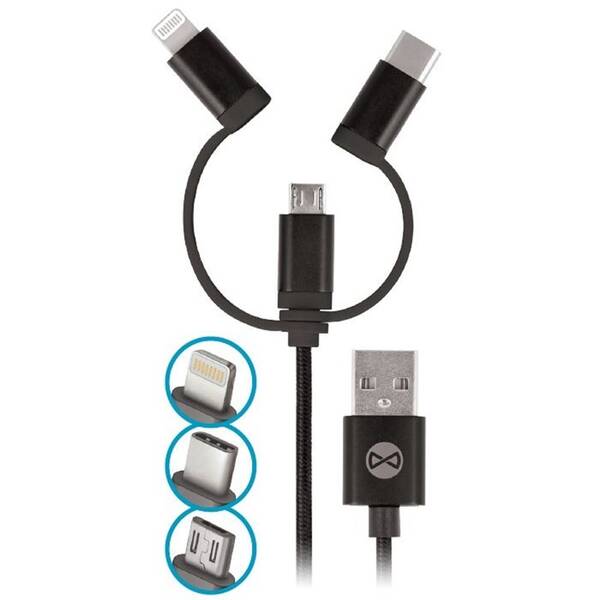 Kabel Forever 3v1, USB/Micro USB + Lightning + USB-C, 1m černý

