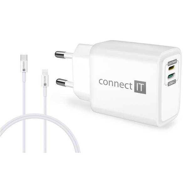 Nabíječka do sítě Connect IT 1x Lightning + 1×USB-C, 20W + kabel Lightning/USB-C bílá

