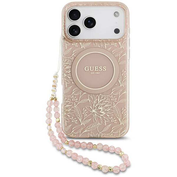 Kryt na mobil Guess IML Flowers Allover Strap MagSafe na Apple iPhone 17 Pro Max růžový

