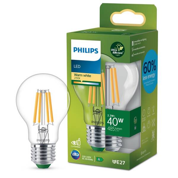 Žárovka LED Philips 40W, filament, A60, E27, teplá bílá 

