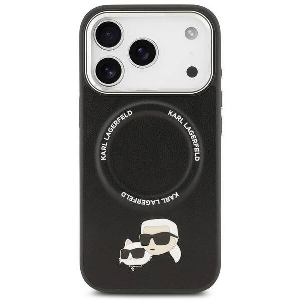 Kryt na mobil Karl Lagerfeld PU Karl and Choupette Heads Pins MagSafe na Apple iPhone 17 Pro Max černý

