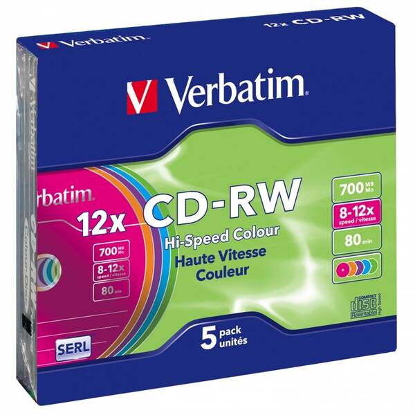 Disk Verbatim CD-RW DL 700MB/80min. 8x-12x, colors, slim box, 5ks 

