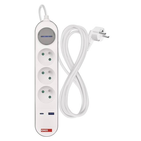 Kabel prodlužovací EMOS 3x zásuvka, Fast Charging, 1x USB, 1x USB-C, vypínač, 2 m šedý/bílý

