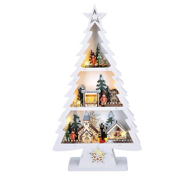 LED dekorace Solight dřevěný vánoční stromek s dekoracemi, 13x LED, bílá, 53cm, 2x AA 

