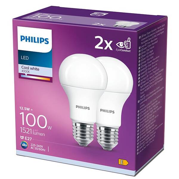 Žárovka LED Philips klasik, 12,5W, E27, studená bílá, 2ks 

