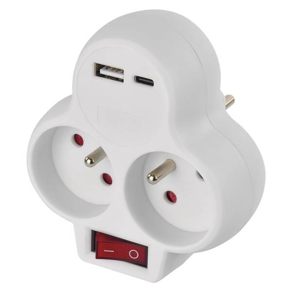 Rozbočovací zásuvka EMOS 2x zásuvka, 1x USB, 1x USB-C, vypínač bílá

