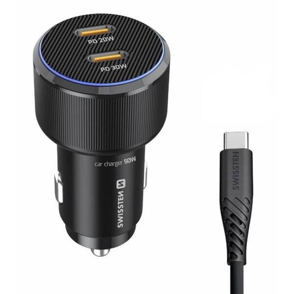 Adaptér do auta Swissten 2x USB-C PD, 50W + USB-C kabel 1m černý


