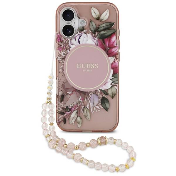 Kryt na mobil Guess IML Flowers Strap MagSafe na Apple iPhone 17 růžový

