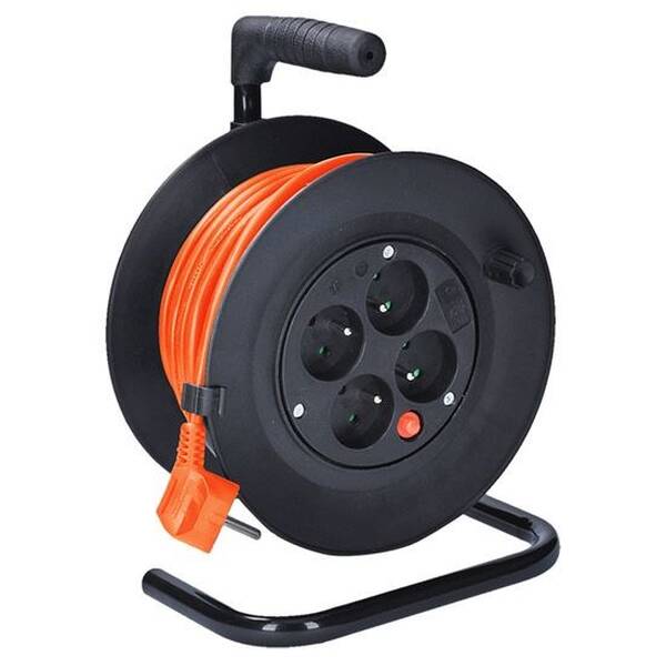 Kabel prodlužovací na bubnu Solight 4 zásuvky, 15m, 3x 1,0mm2 černý/oranžový


