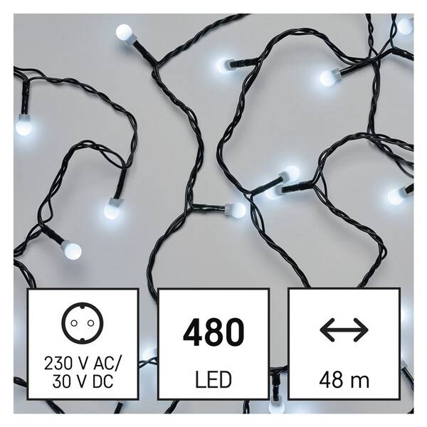 Vánoční osvětlení EMOS 480 LED cherry řetěz - kuličky, 48 m, venkovní i vnitřní, studená bílá, časovač 

