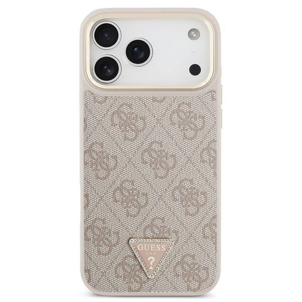 Kryt na mobil Guess 4G Strass Triangle Logo Gold Frame MagSafe na Apple iPhone 18 Pro růžový

