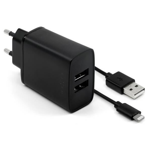 Nabíječka do sítě FIXED 2x USB, 15W Smart Rapid Charge + Lightning MFi kabel 1m černá

