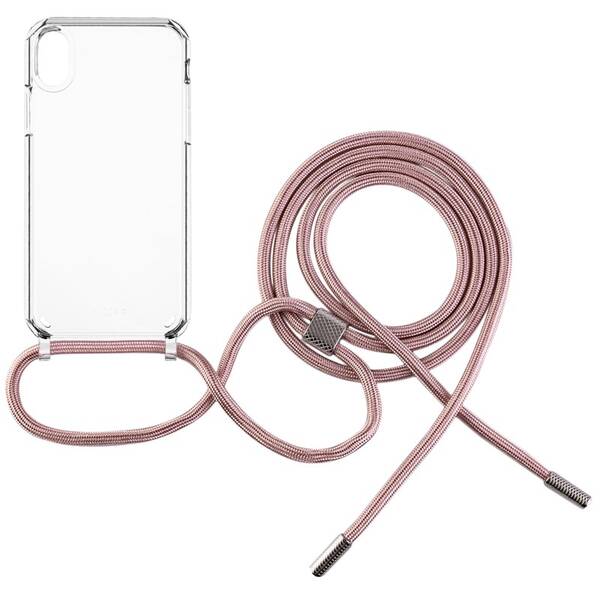 Kryt na mobil FIXED Pure Neck s růžovou šňůrkou na krk na Apple iPhone XR průhledný

