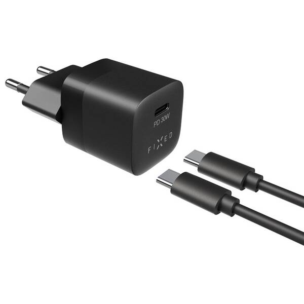 Nabíječka do sítě FIXED Mini 1x USB-C PD 30W + USB-C kabel 1m černá

