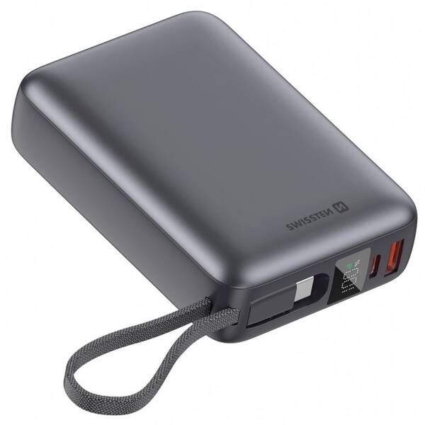 Powerbanka Swissten s integrovaným kabelem USB-C, 45W 20000 mAh stříbrná


