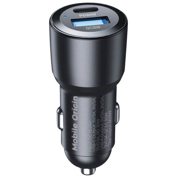 Adaptér do auta Mobile Origin 1x USB-A/1x USB-C 60W černý

