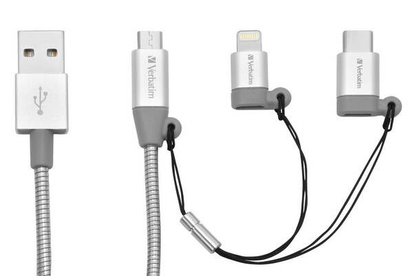 Kabel Verbatim USB/micro USB + USB-C + Lightning, 1m stříbrný

