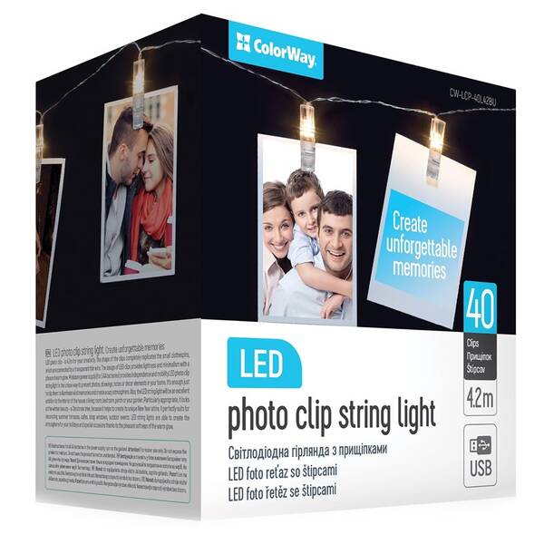 LED fotokolíčky ColorWay 40 kolíčků, délka 4,2m, USB, teplá bílá 


