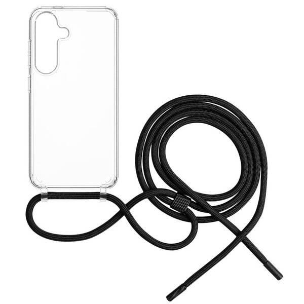 Kryt na mobil FIXED Pure Neck s černou šňůrkou na krk na Samsung Galaxy S25 průhledný

