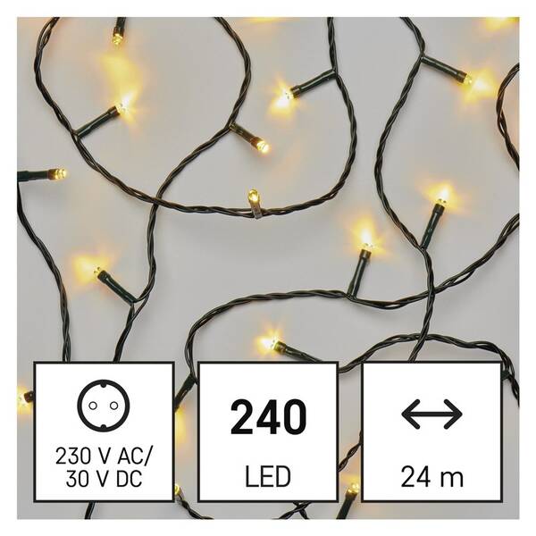 Vánoční osvětlení EMOS 240 LED řetěz, 24 m, venkovní i vnitřní, teplá bílá, časovač 

