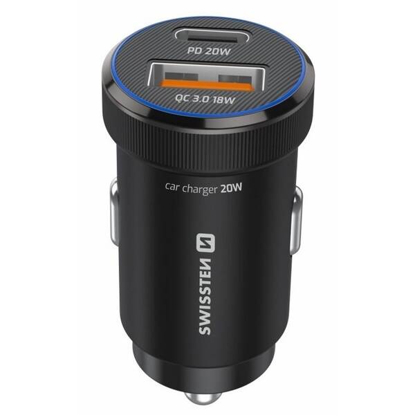 Adaptér do auta Swissten USB-C PD + USB-A, 20W černý

