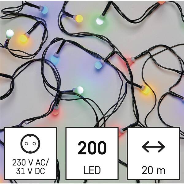 LED řetěz EMOS 200LED cherry řetěz - kuličky, 20 m, venkovní i vnitřní, multicolor, programy, časovač 

