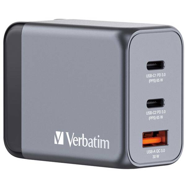 Cestovní adaptér Verbatim GNC-65 GaN 65W, 2x USB-C PD 65W, 1x USB-A QC 3.0 stříbrný

