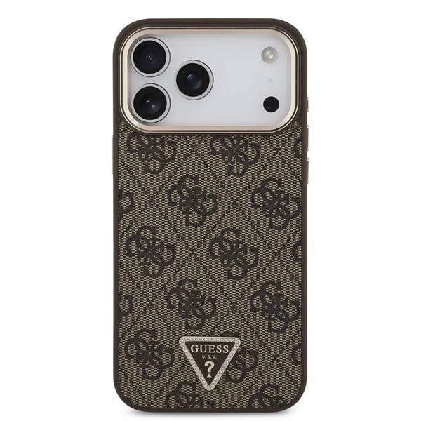 Kryt na mobil Guess 4G Strass Triangle Logo Gold Frame MagSafe na Apple iPhone 18 Pro hnědý

