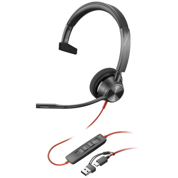 Headset HP Poly Blackwire 3315 MS, 3,5 mm jack + USB-C/A adaptér, mono černý

