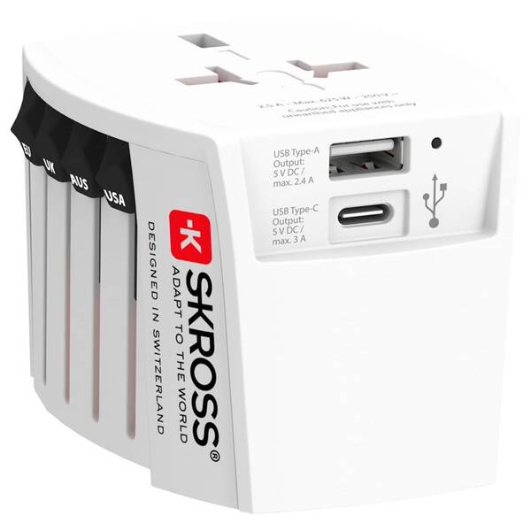 Cestovní adaptér SKROSS MUV USB, USB A+C, univerzální pro 150 zemí 

