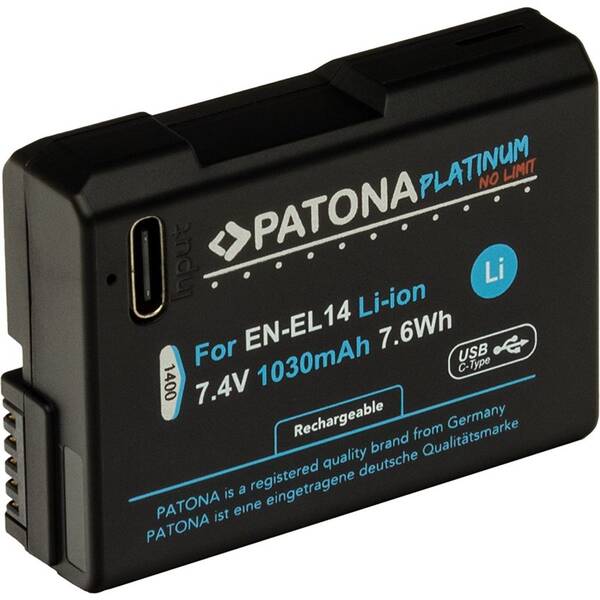 Baterie PATONA pro foto Nikon EN-EL14/EN-EL14A 1030mAh Li-Ion Platinum, USB-C černá

