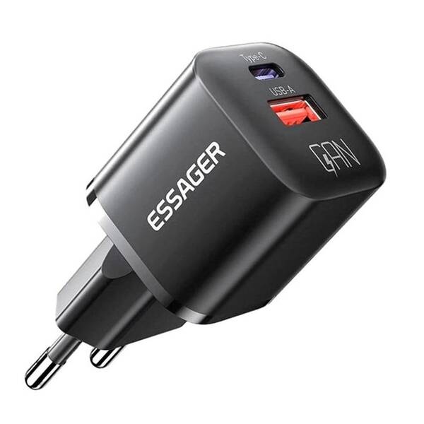 Nabíječka do sítě Essager 20W, GaN, USB-C, USB-A černá

