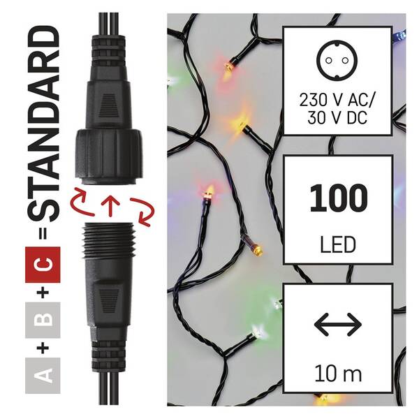 Spojovací řetěz EMOS 100 LED Standard, 10 m, venkovní i vnitřní, multicolor, časovač 


