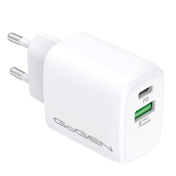 Nabíječka do sítě GoGEN ACHPDQ 220, 1x USB-C PD 20W, 1x USB-A 18W bílá


