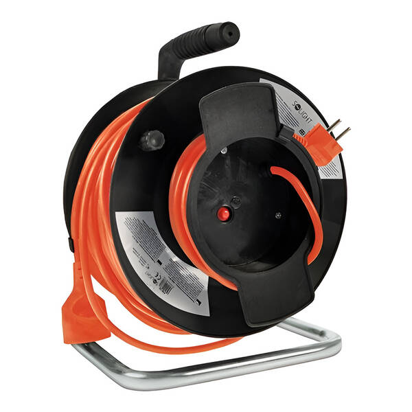 Kabel prodlužovací na bubnu Solight 1 zásuvka, 50m, 3x 1,5mm2 černý/oranžový


