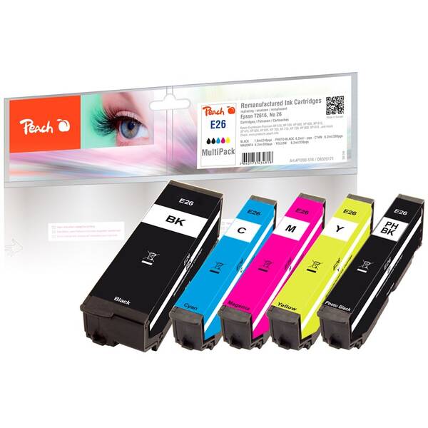 Inkoustová náplň Peach Epson 26, T2616, MultiPac, 1x 7,6, 4x 6,2 ml vícebarevná

