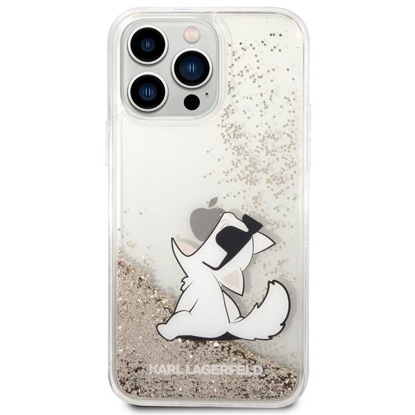 Kryt na mobil Karl Lagerfeld Liquid Glitter Choupette Eat na Apple iPhone 14 Pro Max zlatý

