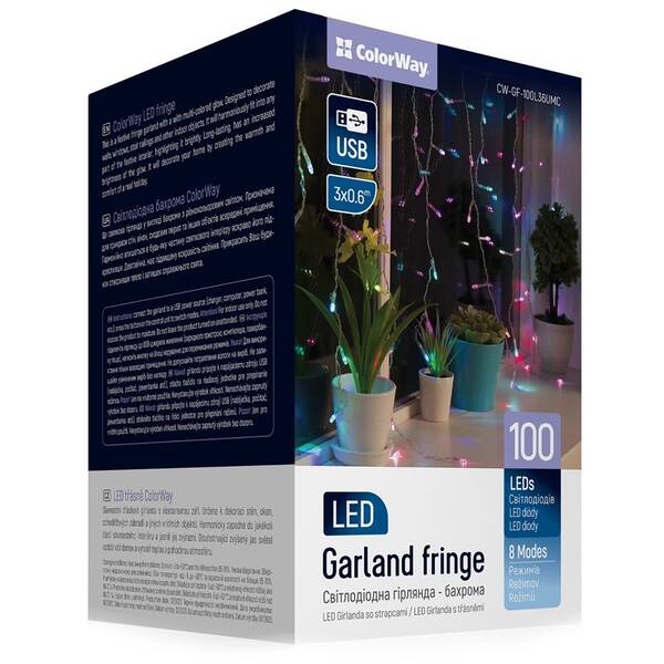 Vánoční osvětlení ColorWay vnitřní, 100 LED, 3× 0,6m, IP20, USB, vícebarevné 

