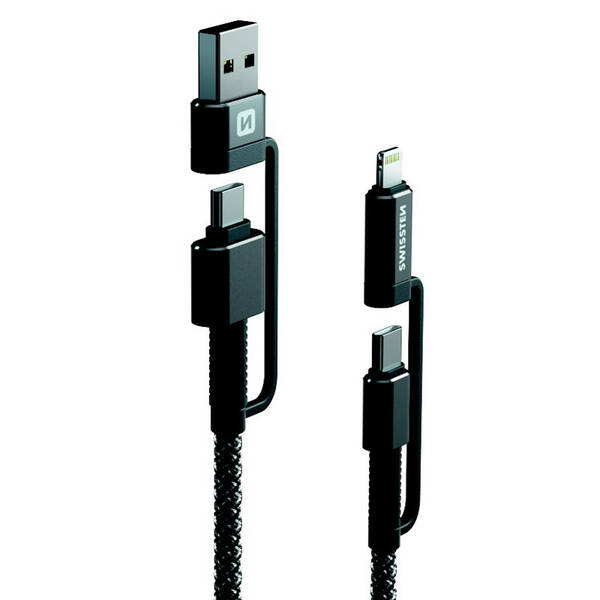 Kabel Swissten ARAMID REINFORCED 4v1, USB-C/USB, USB-C/Lightning, 1,5 m antracitový

