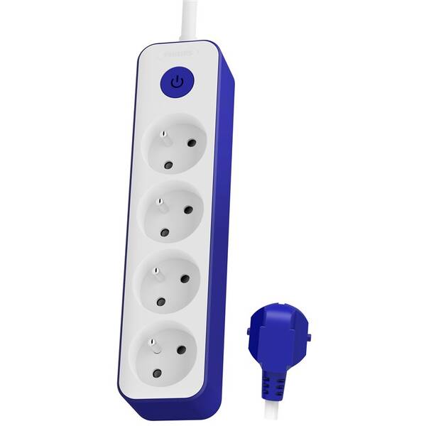 Kabel prodlužovací Philips 4x zásuvka, s vypínačem, 1,5 m bílý/modrý

