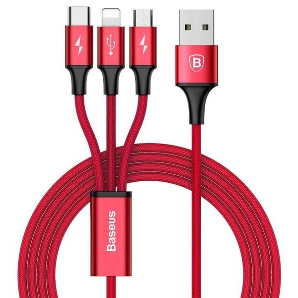 Kabel Baseus Rapid Series 3v1, USB/Micro USB, Lightning, USB-C, 1,2m červený

