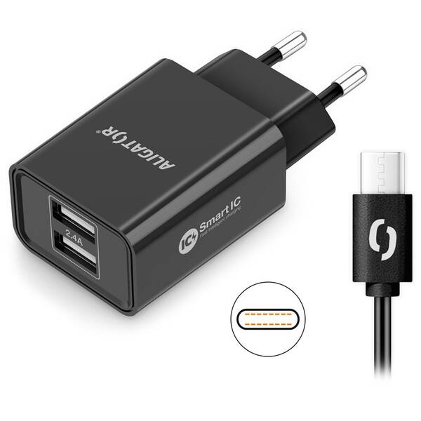 Nabíječka do sítě Aligator 2,4A, 2xUSB, smart IC, USB-C kabel černá

