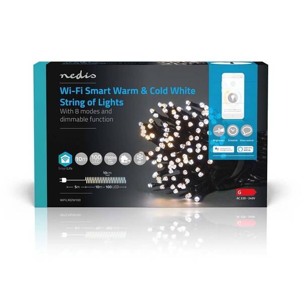 Vánoční osvětlení Nedis SmartLife LED, Wi-Fi, Teplá až studená bílá, 100 LED, 10 m, Android / IOS 

