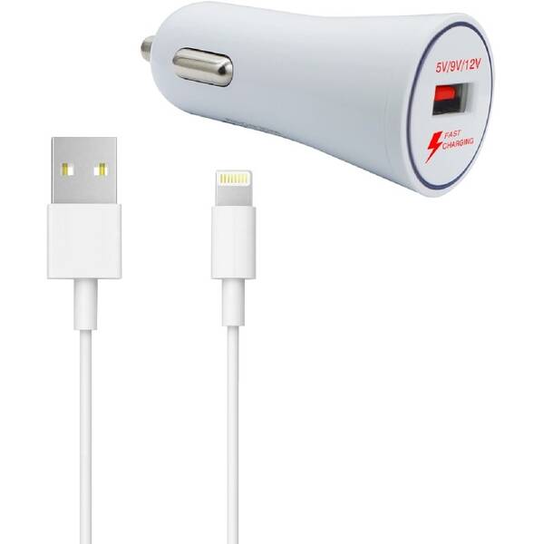 Adaptér do auta WG 1xUSB, QC 3.0 + Lightning kabel bílý

