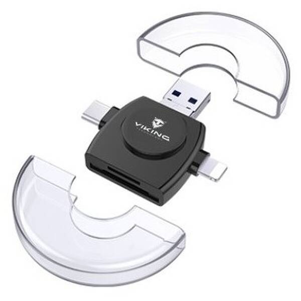 Čtečka paměťových karet Viking SD, Micro SD 4v1, OTG, s koncovkou Lightning/Micro USB/USB 3.0/USB-C černá


