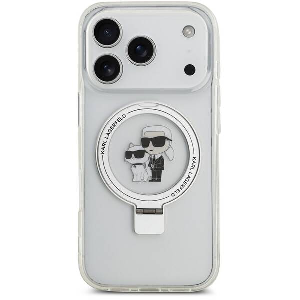 Kryt na mobil Karl Lagerfeld Ringstand Karl and Choupette MagSafe na Apple iPhone 17 Pro bílý

